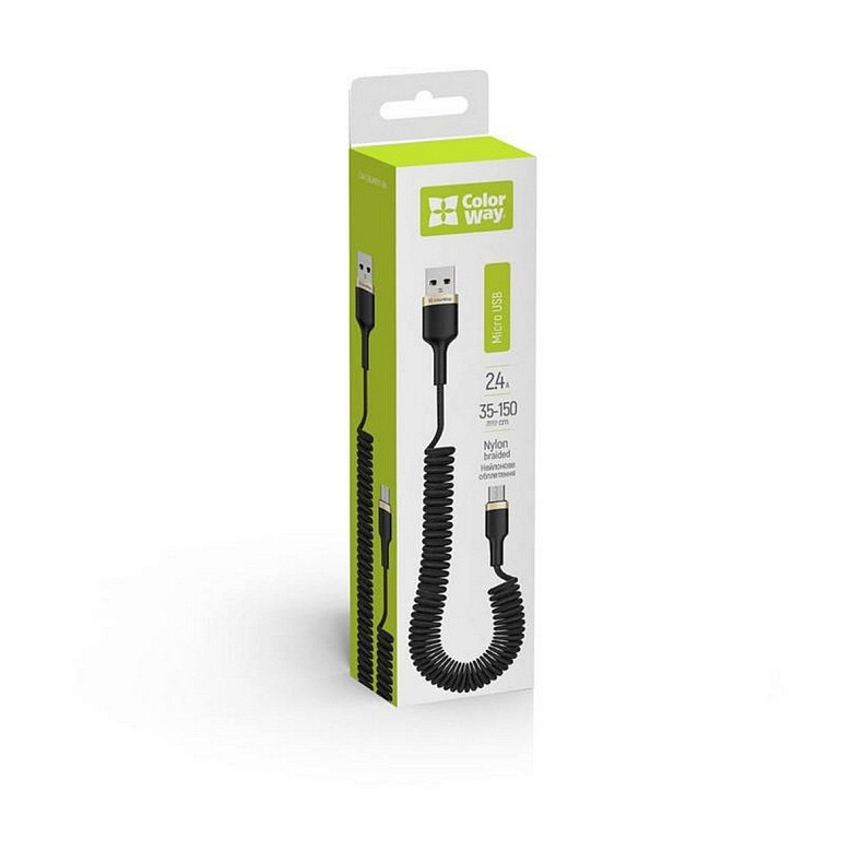 Кабель ColorWay USB-microUSB, spiral, 2.4А, 1м, Black (CW-CBUM051-BK)