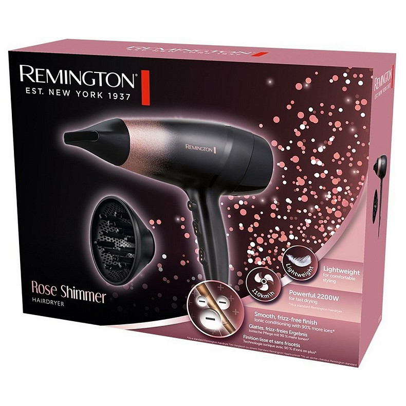 Фен Remington ROSE SHIMMER, 2200Вт, 3 режими, дифузор, іоніз-я, хол. обдув, чорно-рожевий