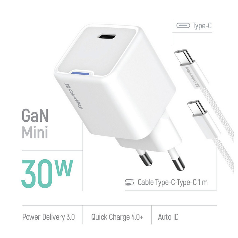 Сетевое зарядное устройство ColorWay GaN Mini 30W PD Port PPS USB-C White (CW-CHS054PDC-WT) + кабель