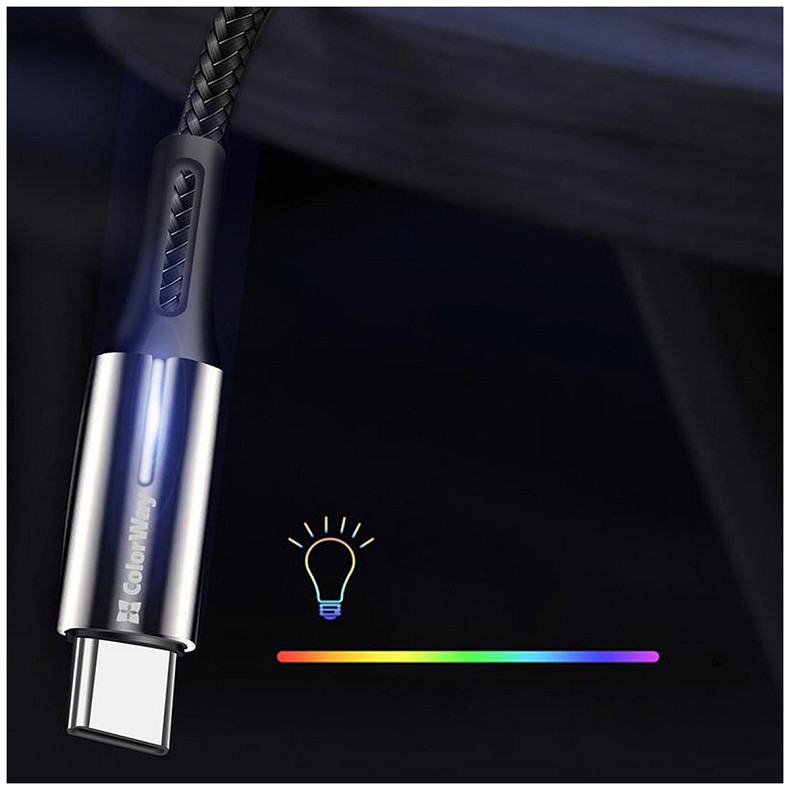 Кабель ColorWay USB-USB Type-C (zinc alloy + led), 2.4А, 1м, Black (CW-CBUC035-BK)