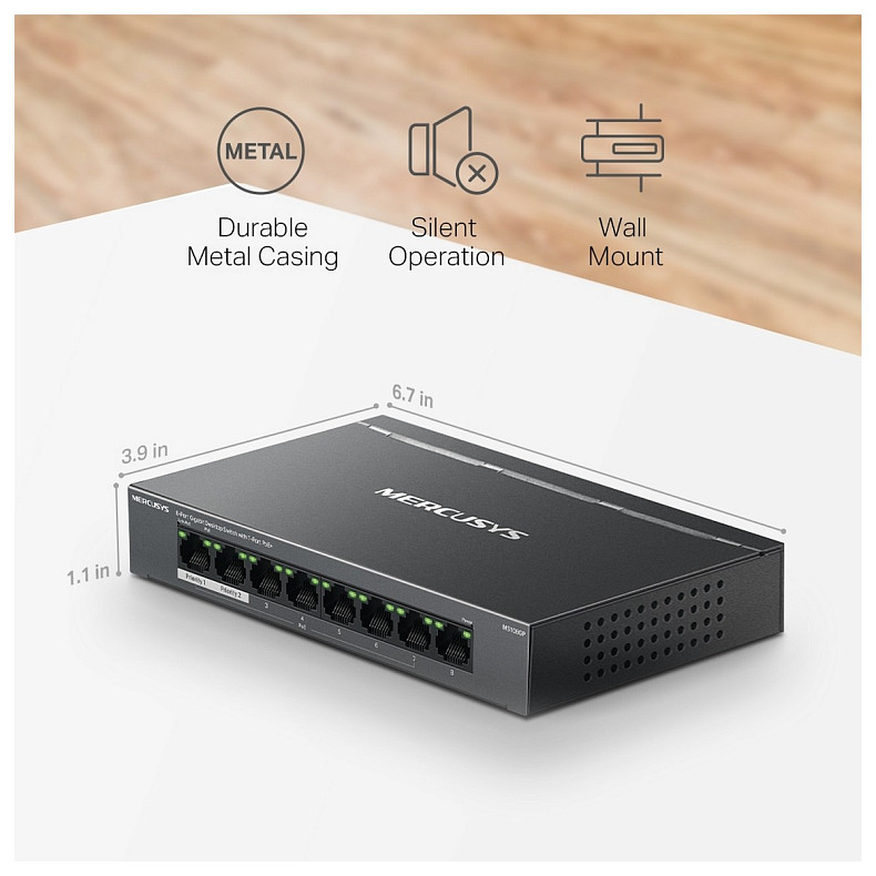 Коммутатор MERCUSYS MS108GP 8xGE (7xPoE), 65Вт, Неуправляемый