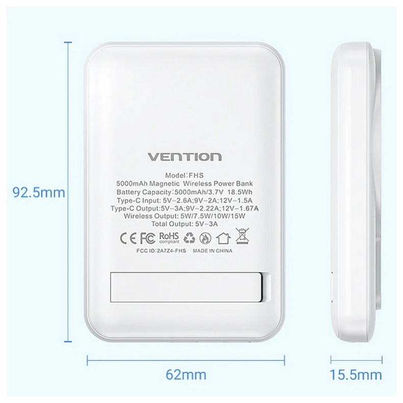 УМБ Vention Magnetic Wireless 5000mAh 20W 3A,PD 1xUSB-C,Light Indicator, White