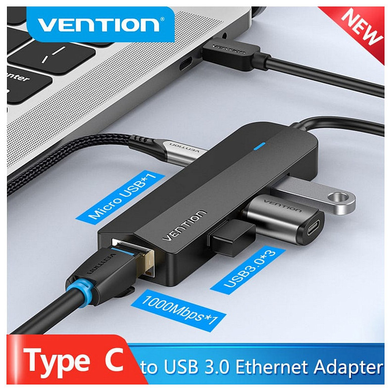 Хаб USB 3.1 Type-C -> 3xUSB 3.0+MicroUSB+RJ45 100M Ethernet чорний Vention