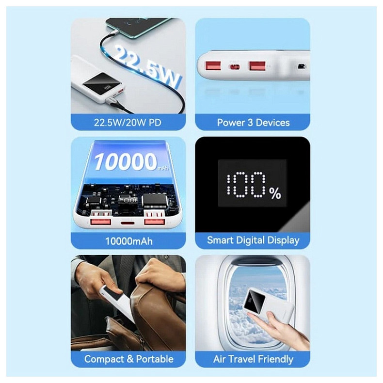 УМБ Vention 10000mAh 22.5W 3A, PD, QC 3.0, Micro-USB, USB-C, 2x USB-A, LED Display, Black