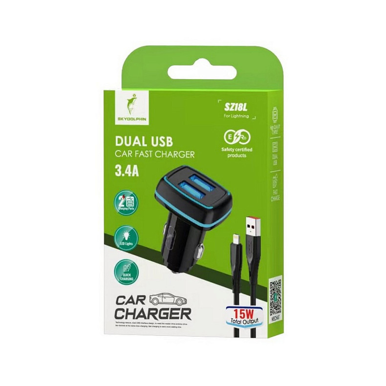 Автомобильное зарядное устройство SkyDolphin SZ18L (2USB, 3.4A) Black (AZP-000099) + кабель Lightnin