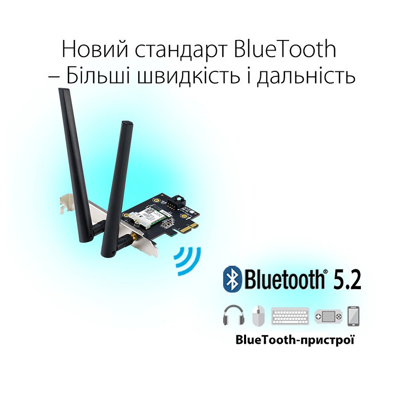 Беспроводной адаптер Asus PCE-AX1800 (AX1800, Bluetooth 5.2, WPA3, MU-MIMO, 2 внешних антенны)