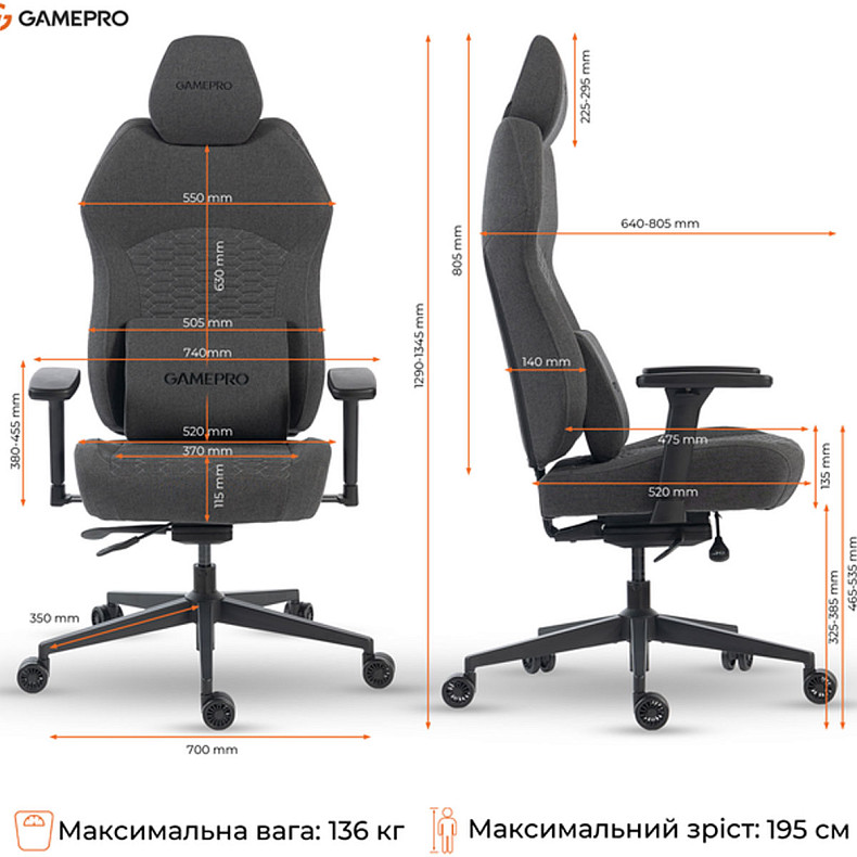 Крісло ігрове GamePro GC760DG Fabric Dark Gray