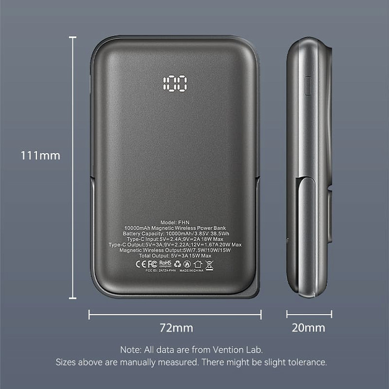 УМБ Vention Magnetic Wireless 10000mAh 20W PD USB-C In/Out, QI-15W Black