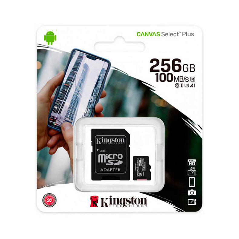 Карта пам'яті MicroSDXC 256GB UHS-I/U3 Class 10 Kingston Canvas Select Plus R100/W85MB/s + SD-адаптер (SDCS2/256GB)