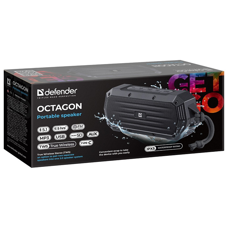 Акустична система 1.0 Defender Octagon 5W, Octagon 5Вт, BT/FM/USB/TF/AUX/IPX5