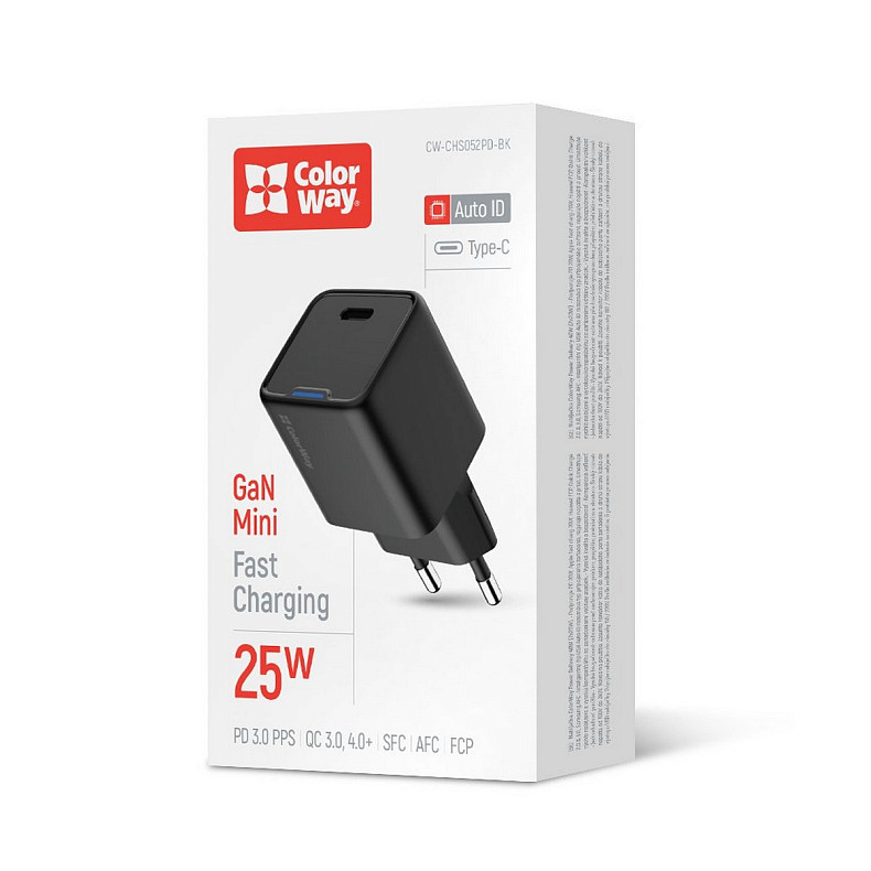 Сетевое зарядное устройство ColorWay GaN Mini 25W PD Port PPS USB-C Black (CW-CHS052PD-BK)