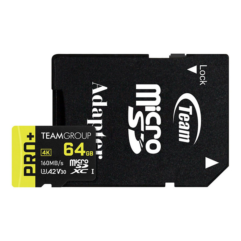 Карта пам'яті MicroSDXC 64GB UHS-I/U3 Class 10 Team Pro+ R160/W55MB/s + SD-адаптер (TPPMSDX64GIA2V300)