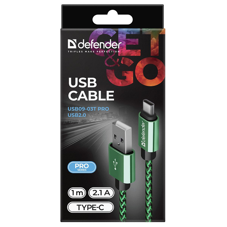 Кабель USB AM-Type-C M, 1.0 м, зелений, 09-03T PRO Defender