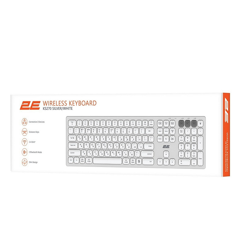 Клавиатура ножничная 2E KS270 105key, WL/BT, EN/UK, серебристо-белый