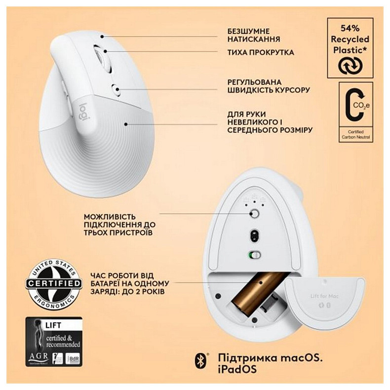 Мишка Logitech Lift for Mac Vertical Ergonomic White USB (910-006477)