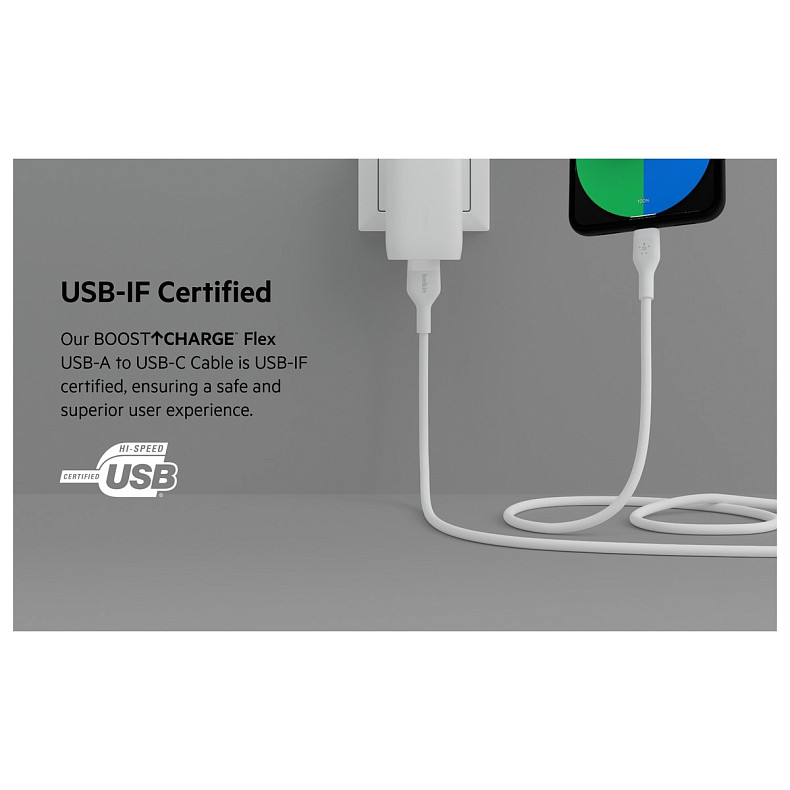 Кабель Belkin USB-A - USB-C силіконовий, з кліпсою, 2м, білий