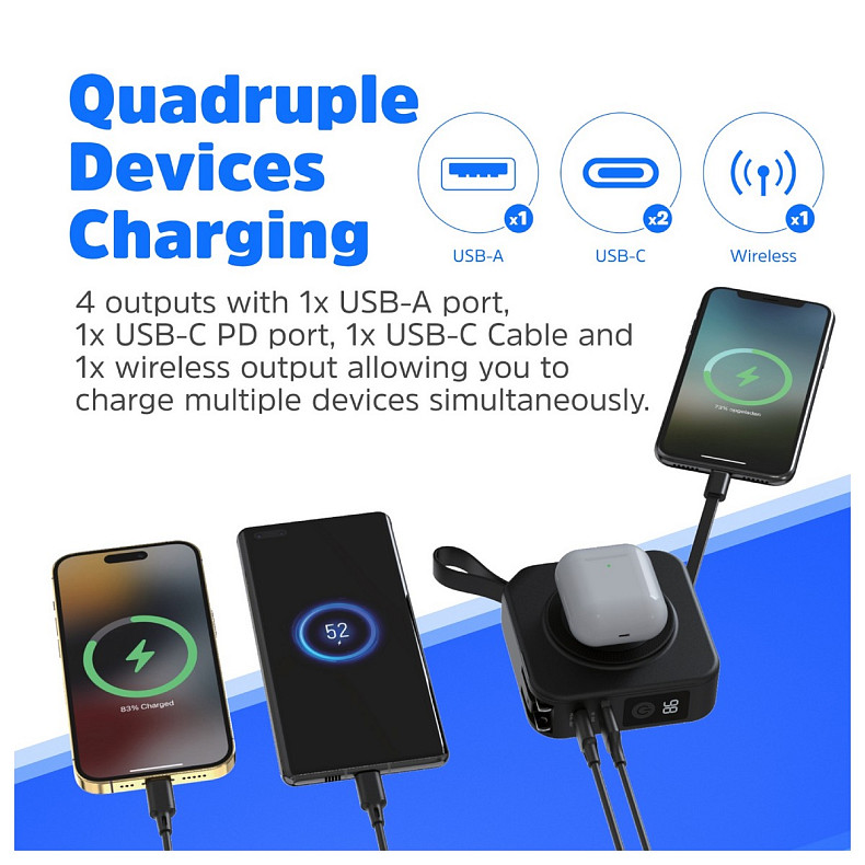 УМБ Energizer Magnetic Wireless 10000mAh 20W PD,AC зарядка,QI-15W, built-in USB-C,USB-А,USB-C In/Out