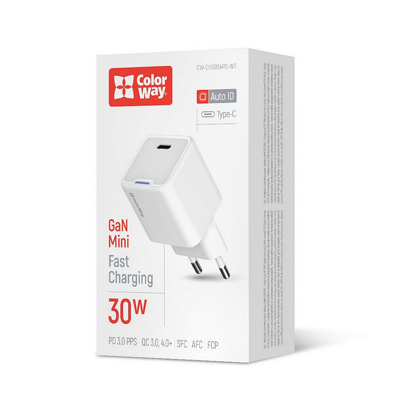 Сетевое зарядное устройство ColorWay GaN Mini 30W PD Port PPS USB-C White (CW-CHS054PD-WT)