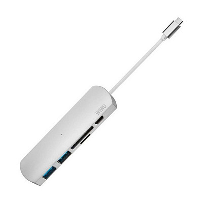 Адаптер WIWU Adapter T2 Plus USB-C to USB-C+microSD+SD+2xUSB3.0 HUB Silver (TCH02-PDSL)