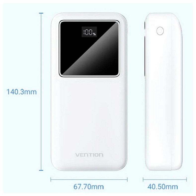 УМБ Vention 30000mAh 22.5W 3A, PD, QC3.0, Micro-USB, USB-C, 2x USB-A, LED Display White