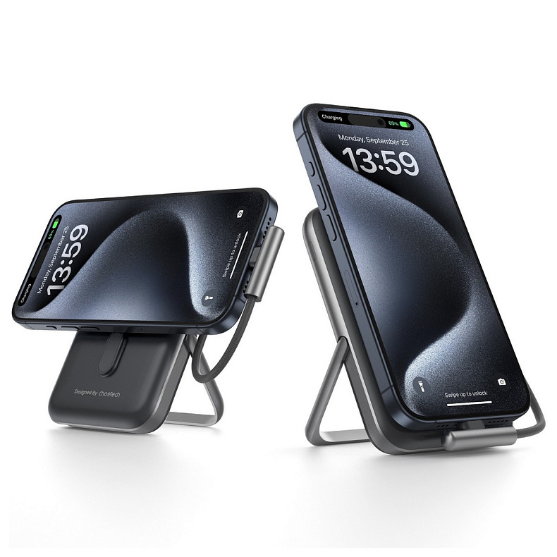 УМБ Choetech Magnetic Wireless 10000mAh 20W PD USB-C In/Out, Qi-15W, build-in cabel Black