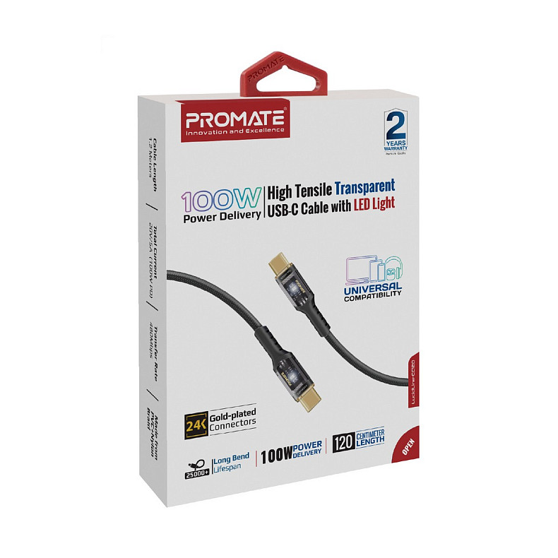Кабель Promate USB Type-C - USB Type-C (M/M), 5 A, 100 W, 1.2 м, Lucidline-CC120 Black (lucidline-cc