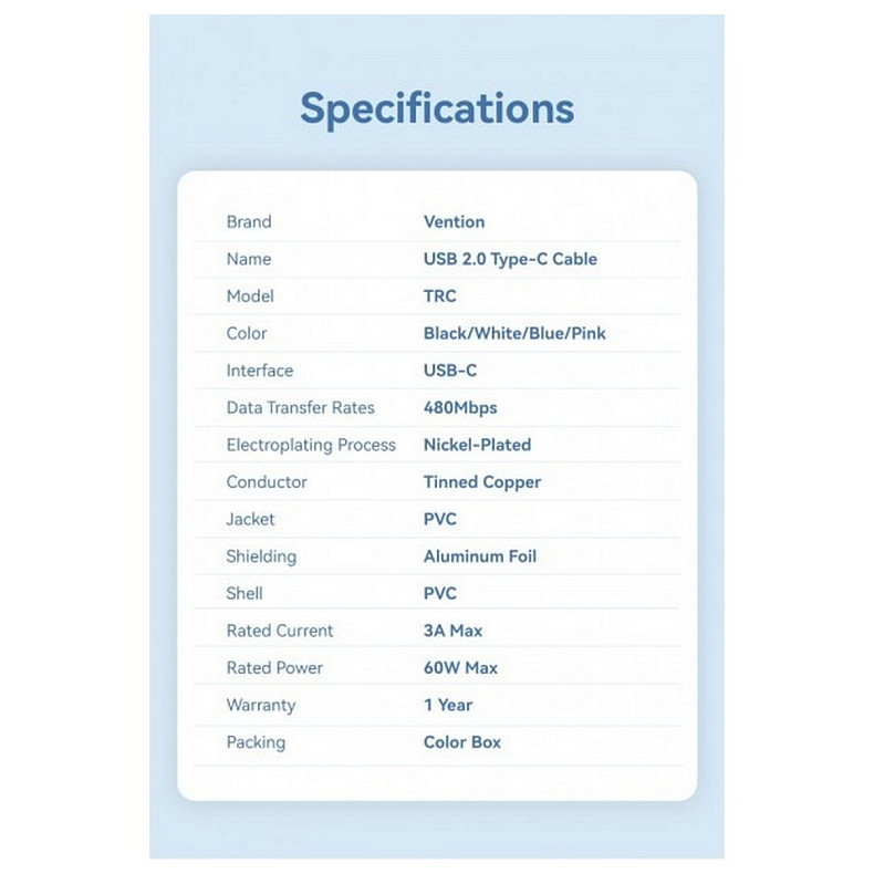 Кабель Vention USB Type-C - USB Type-C (M/M), 1 м, White (TRCWF)