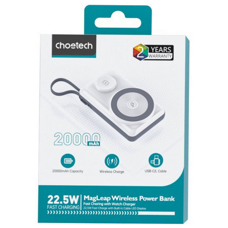 УМБ Choetech Magnetic Wireless 20000mAh 22.5W,USB-A,2xUSB-C PD,QC3.0,Apple Watch charger White