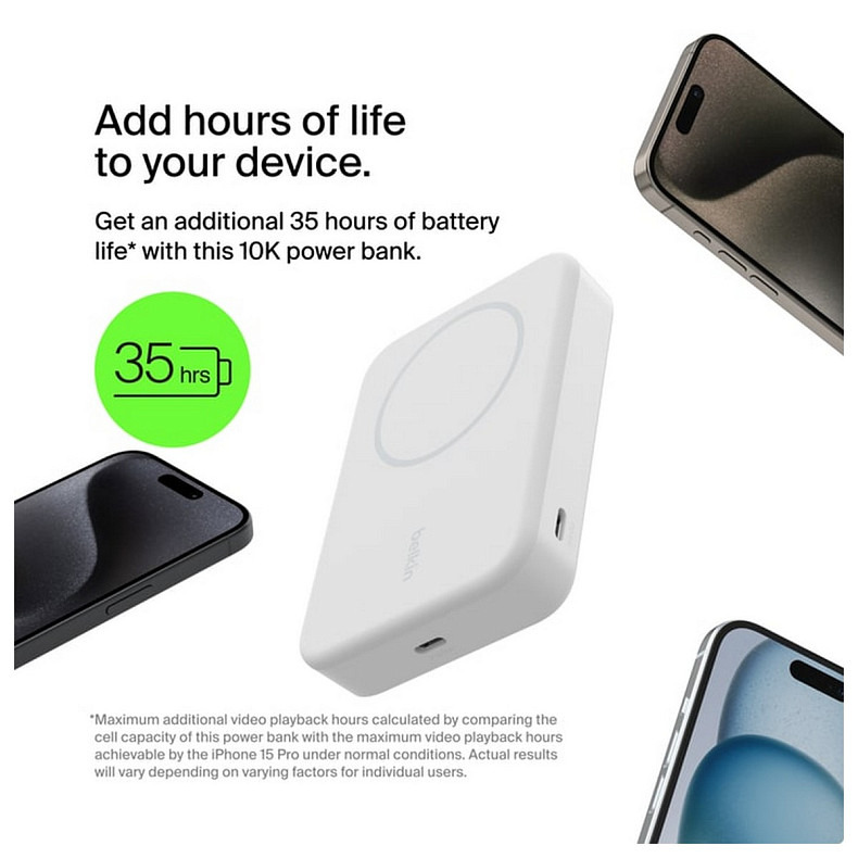 Аккумулятор портативный литий-ионный Power Bank Belkin 8000мА·ч, 15Вт, MagSafe Qi2, белый