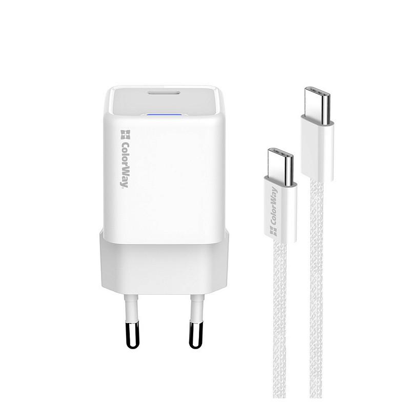 Сетевое зарядное устройство ColorWay GaN Mini 25W PD Port PPS USB-C White (CW-CHS052PDC-WT) + кабель