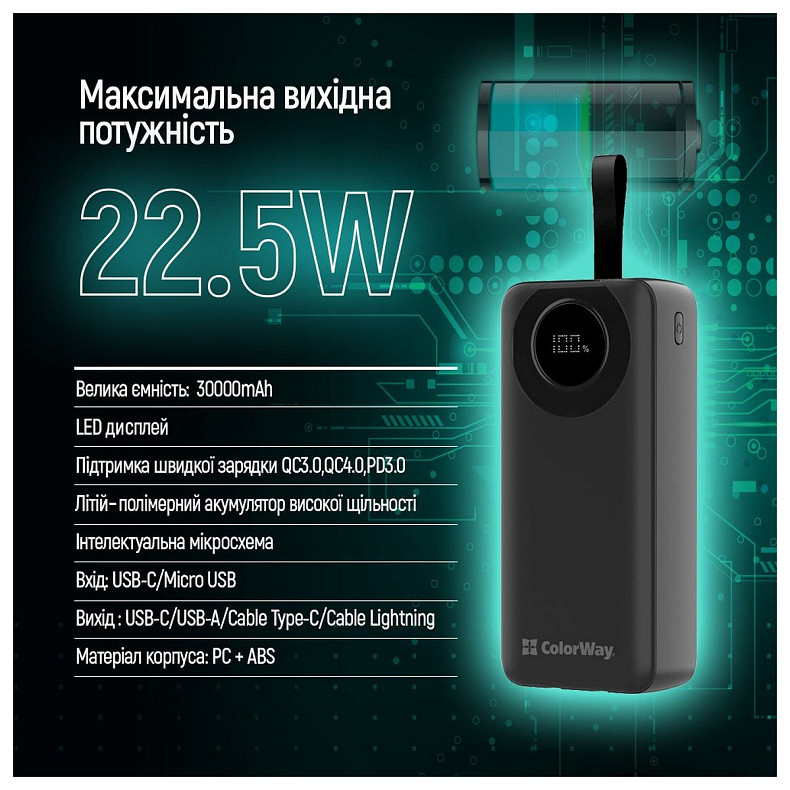 Универсальная мобильная батарея ColorWay EnergyPlus 30000mAh Black (CW-PB300LPB4BK-PDD)