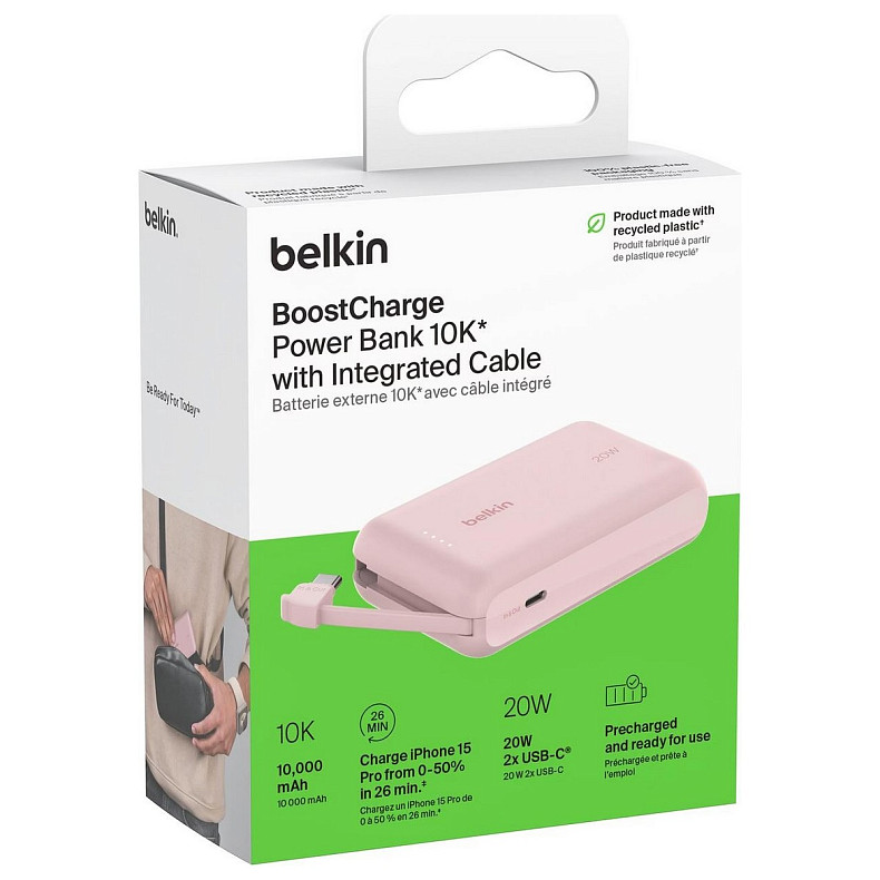 Аккумулятор портативный литий-ионный Power Bank Belkin 10000мА·ч, 20Вт, с интегрированным кабелем USB-