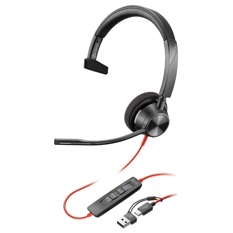 Компьютерная гарнитура моно On-ear Poly Blackwire 3310-M, USB-A, USB-C, всенаправленный, Microsoft Tea