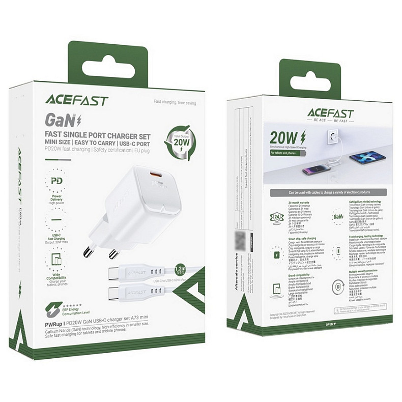 Зарядний пристрій USB-C 20W Gan A73 mini + USB-C cable Fast Charger White Acefast