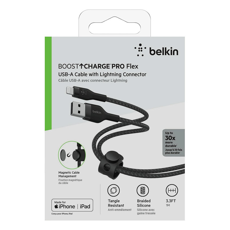 Кабель Belkin USB-A - Lightning плетений, силіконовий, з ремінцем на магніті, 1м, Black