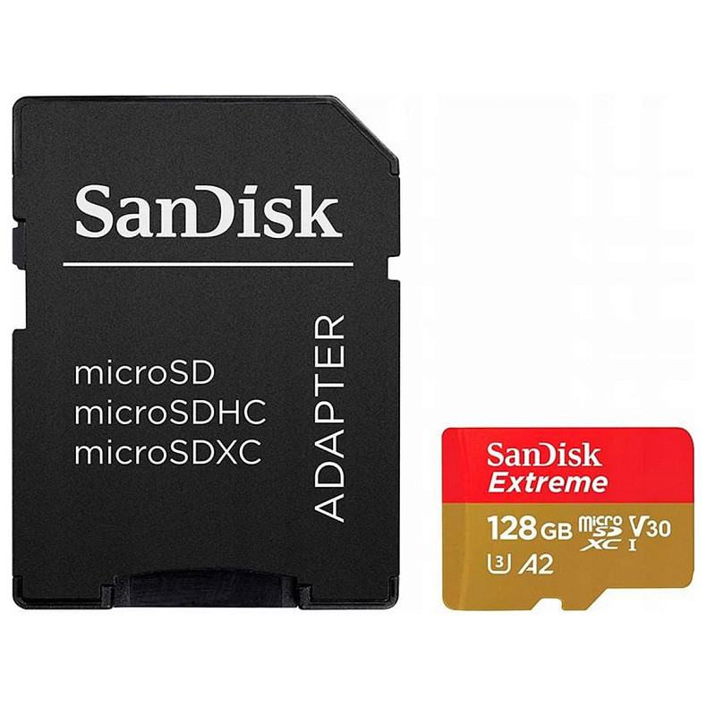 Карта пам'яті MicroSDXC 128GB UHS-I U3 R190/W90MB/s SanDisk Extreme V30 + SD-адаптер (SDSQXAA-128G-GN