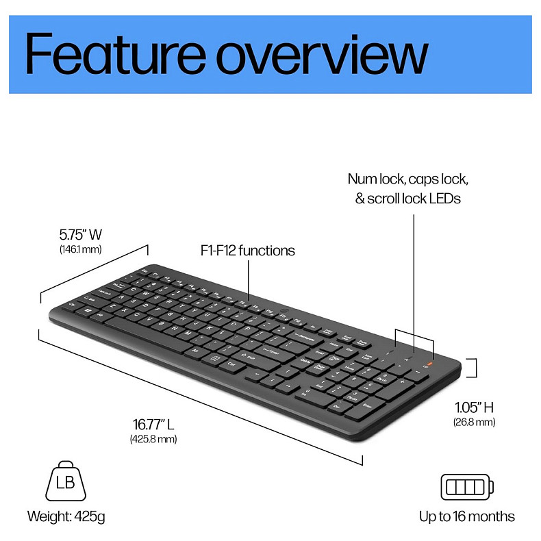 Клавіатура мембранна HP 220, 104key, WL, EN/UK, чорний