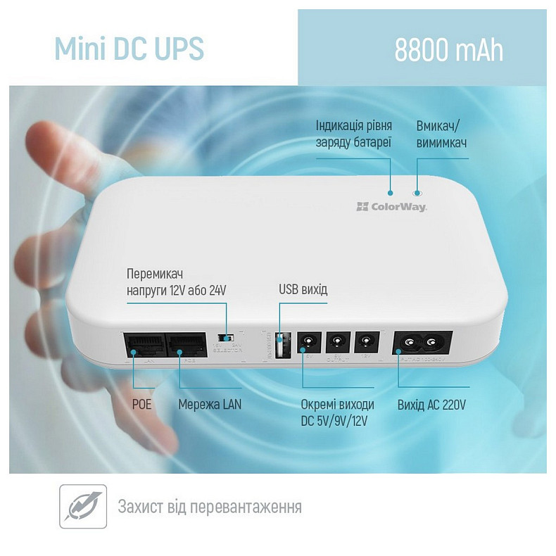 ДБЖ для роутерів/комутаторів ColorWay CW-PB088LI3WT 8800mAh 21W DC 5V/9V/12V/24V V2