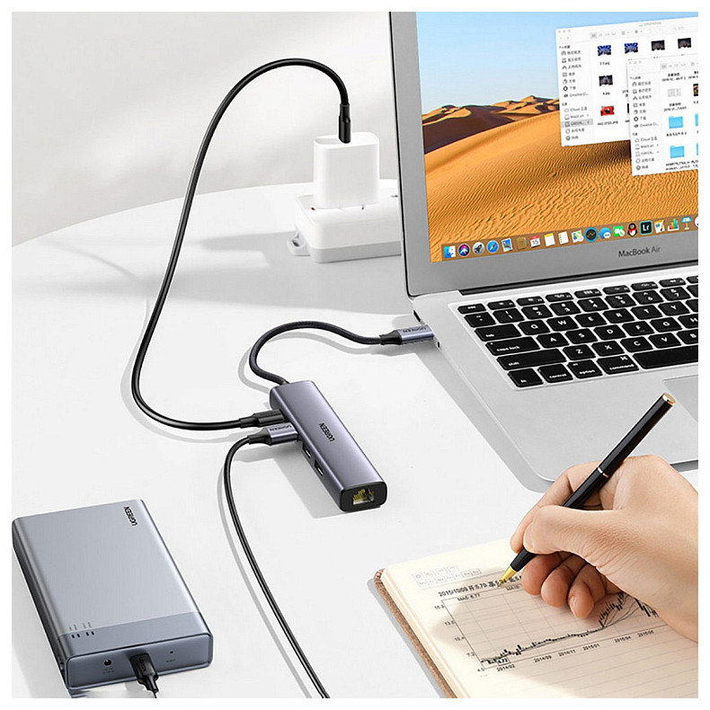 Хаб USB 3.0 Type-C -> 3xUSB 3.0 + RJ45 1000M CM475 Серый UGREEN