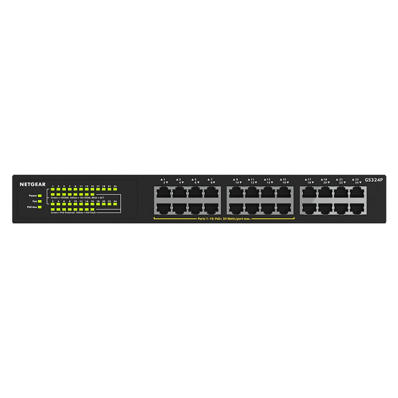 Комутатор NETGEAR GS324P 16xGE PoE+(190Вт), 8xGE, некерований