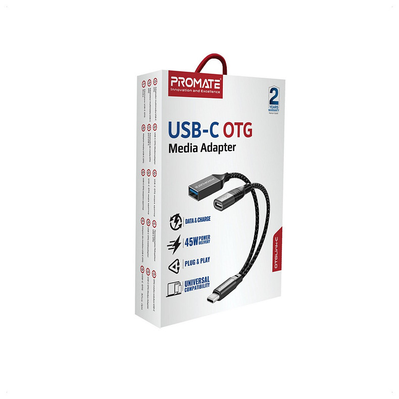 Адаптер 3 в 1 Promate OTG Link-C USB Type-C - USB + USB Type-C (M/F), 0.16 м, Black (otglink-c.black)