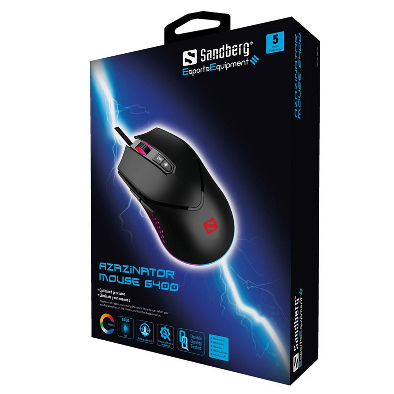 Мишка Sandberg Azazinator Mouse 6400 RGB, ігрова, 6400dpi., 7кн.Huano чорна