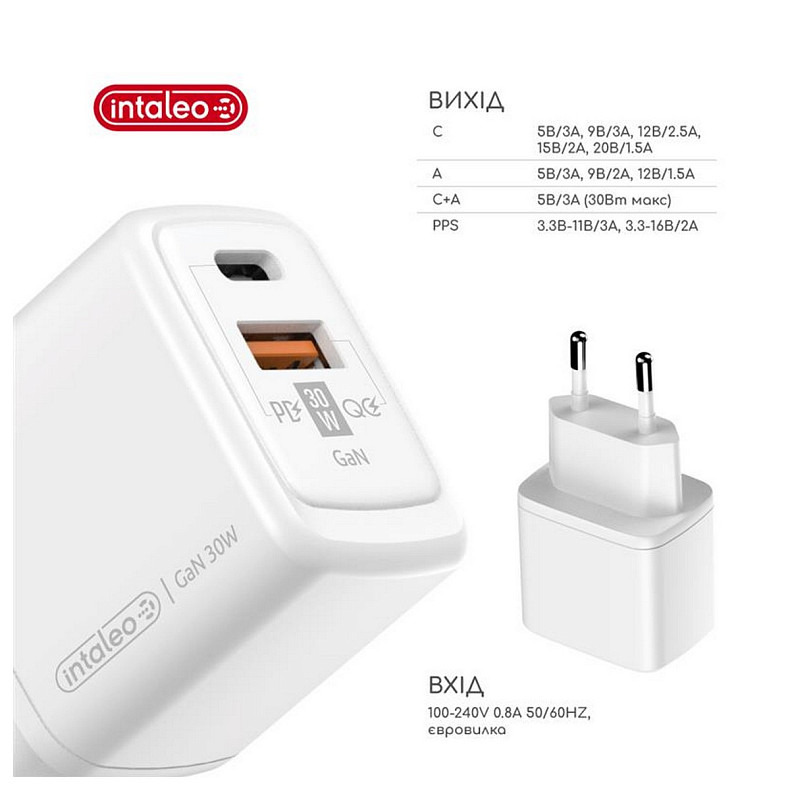 Сетевое зарядное устройство Intaleo TCG30GAN USB-C PD+USB-A QC 3.0 White (1283126578274)