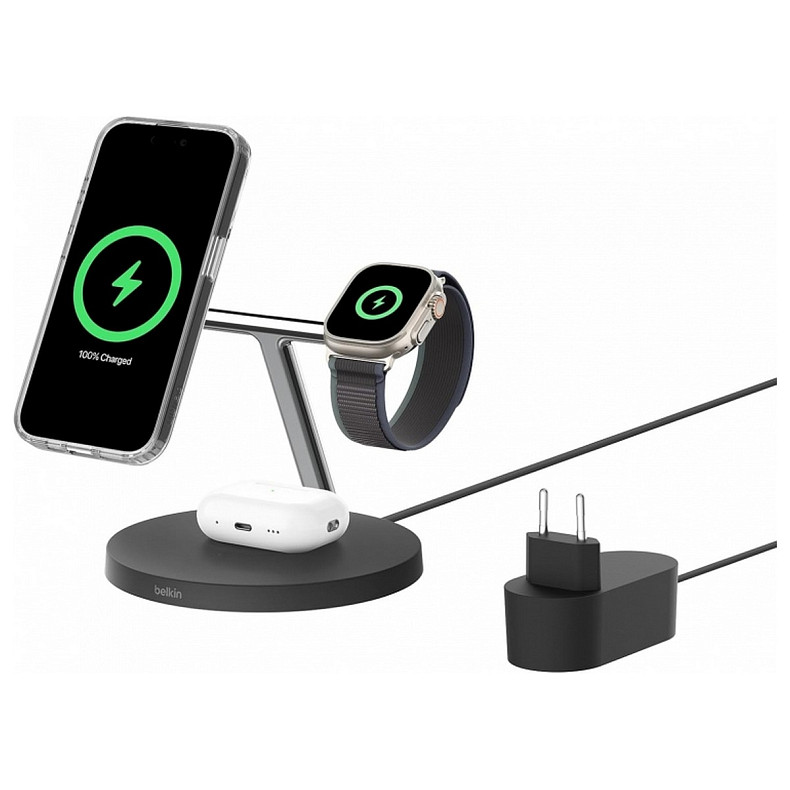 Зарядний пристрій бездротовий Belkin 3в1 Magnetic Pad Qi2 15Вт, чорний