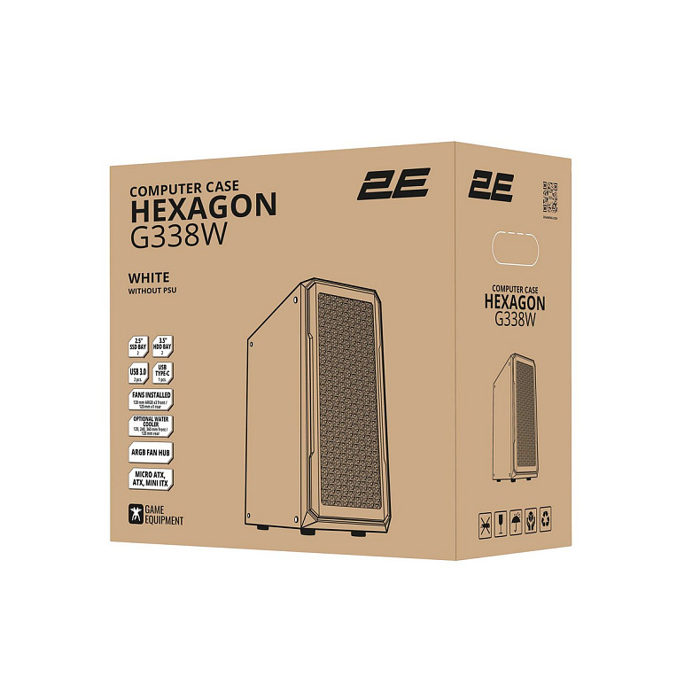 Корпус 2E Gaming Hexagon G338W, без БП, 2xUSB 3.0, 1xUSB Type-C, 1x120mm, 3x120mm ARGB