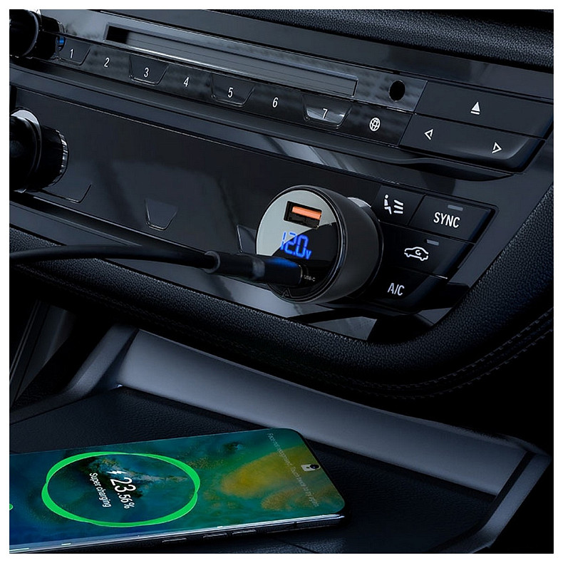 Автозарядка 2xUSB 63W (USB-C + USB-A) B6 with digital display Acefast