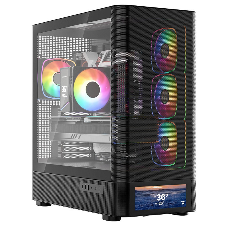 Корпус Modecom VOLCANO AQ500 ARGB MIDI FRONT LCD 6,2”, 4x120mm fans BLACK без БЖ ATX