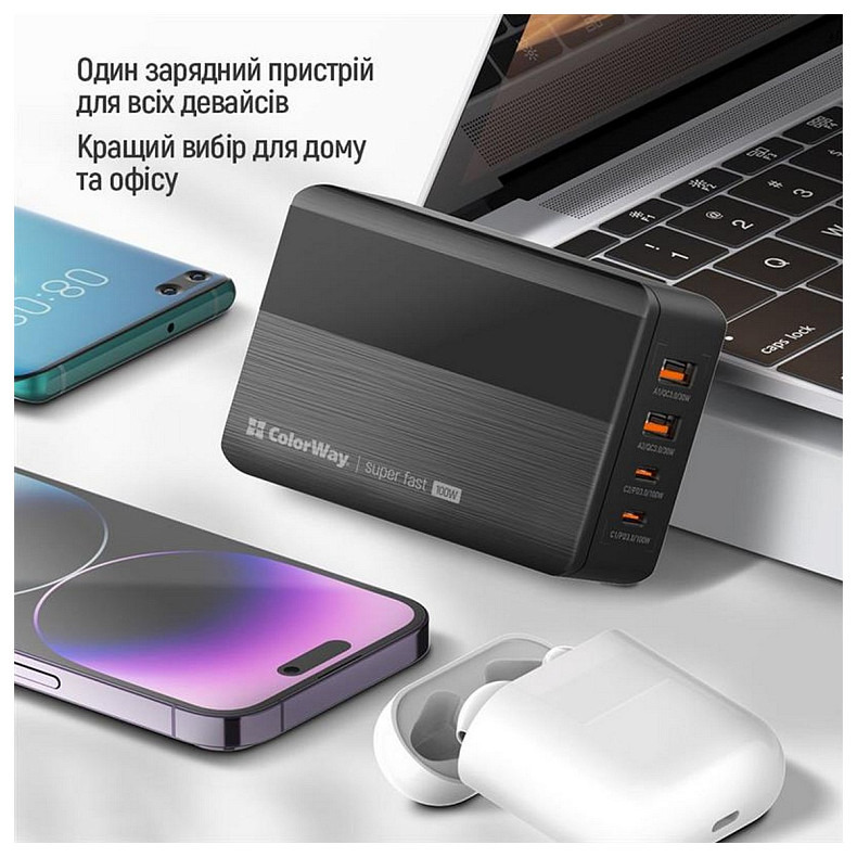 Зарядний пристрій ColorWay Power Delivery GaN (2USB-A + 2USB TYPE-C) (100W) Black (CW-CHS0)