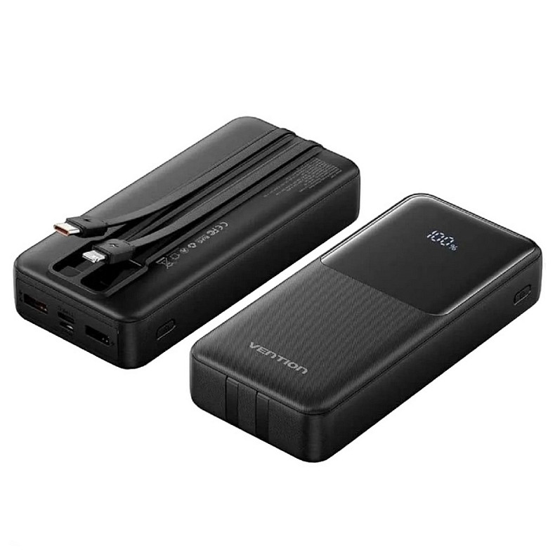 УМБ Vention 20000mAh 22.5W 3A PD, Micro-USB,USB-C,2xUSB-A,Built-in USB-C+Lightning Cables Black