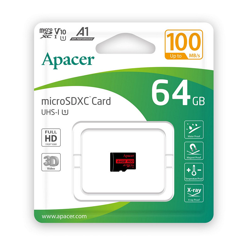 Карта пам'яті MicroSDHC 64GB UHS-I Class 10 Apacer (AP64GMCSX10UB-RA)